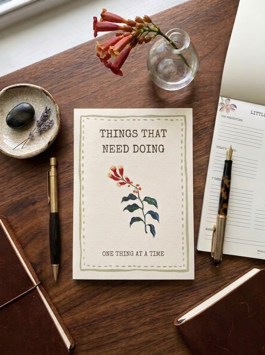 A cream-colored journal or notebook with the text 'THINGS THAT NEED DOING' and a botanical illustration sits on a wooden desk surrounded by stationery, a small glass vase with flowers, and a stone dish.